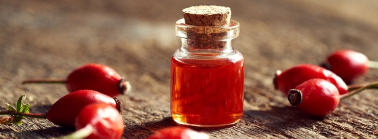 A small glass bottle of rosehip oil with a cork stopper, surrounded by fresh rosehips