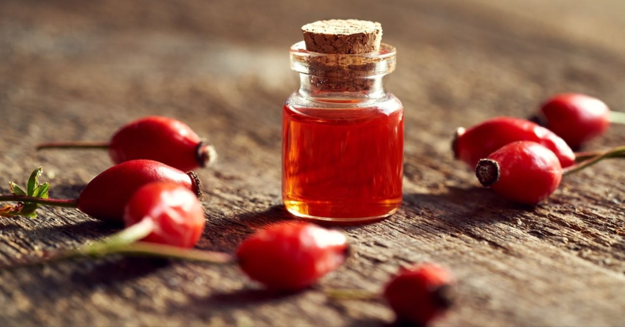 A small glass bottle of rosehip oil with a cork stopper, surrounded by fresh rosehips