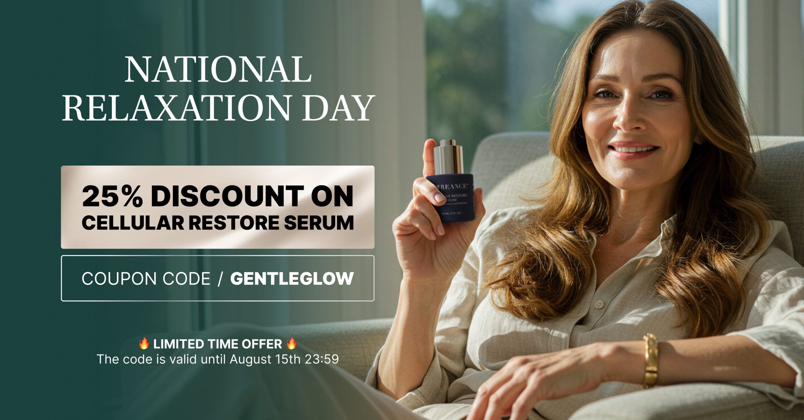 Woman holding Pureance Cellular Restore Serum with 25% discount offer for National Relaxation Day