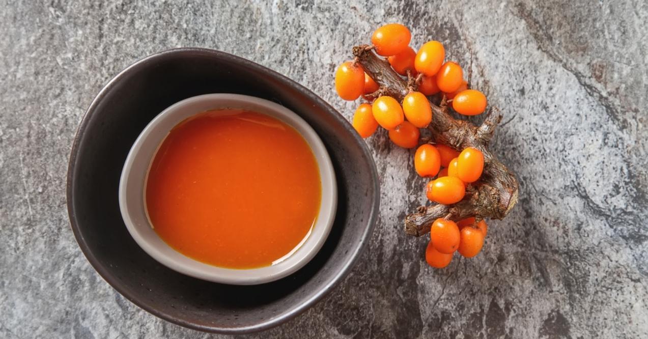 Sea buckthorn berries on a branch next to a small bowl of sea buckthorn oil