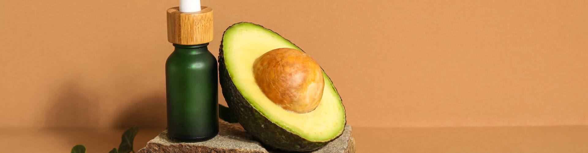 Avocado oil bottle with half avocado, leaves, and aloe vera on stacked stones