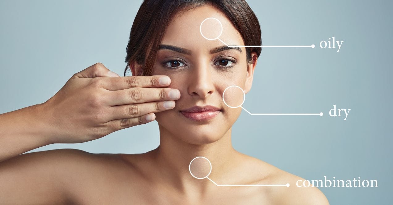 Close-up of a woman's face with labels for oily, dry, and combination skin types.