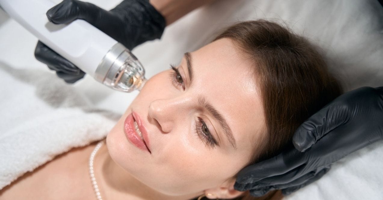 Microneedling treatment being applied to a woman's face