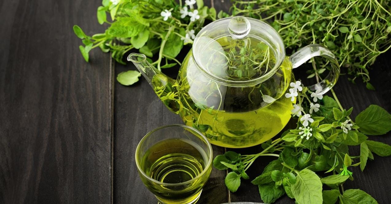 Glass teapot with green herbal tea and fresh herbs