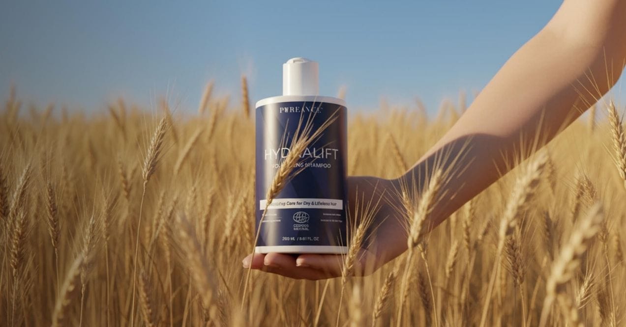Pureance HydraLift Shampoo held in a wheat field