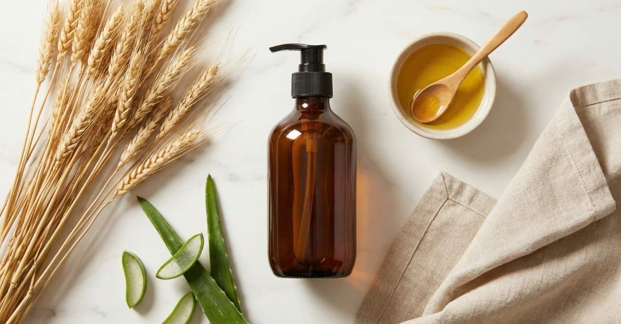 Protein shampoo bottle with wheat, aloe, and oil on a countertop